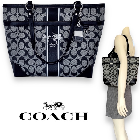 _ Coach NEW BLACK & WHITE jacquard & leather shoulder bag with dust bag - Picture 1 of 16
